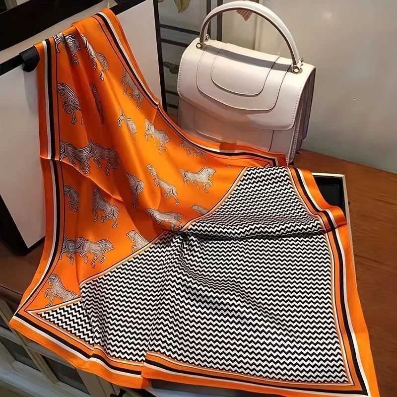 Orange Striped Horse Square Scarf Womens Natural Silk Scarf Casual Versatile Decoration Small Neck Scarf W251021