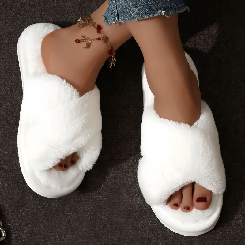 Cross Warm Fluffy Furry Slippers Women Lightweight Flat Heels Fur Slides Woman Autumn Winter Open Toe Non Slip Home Floor Shoes 251021