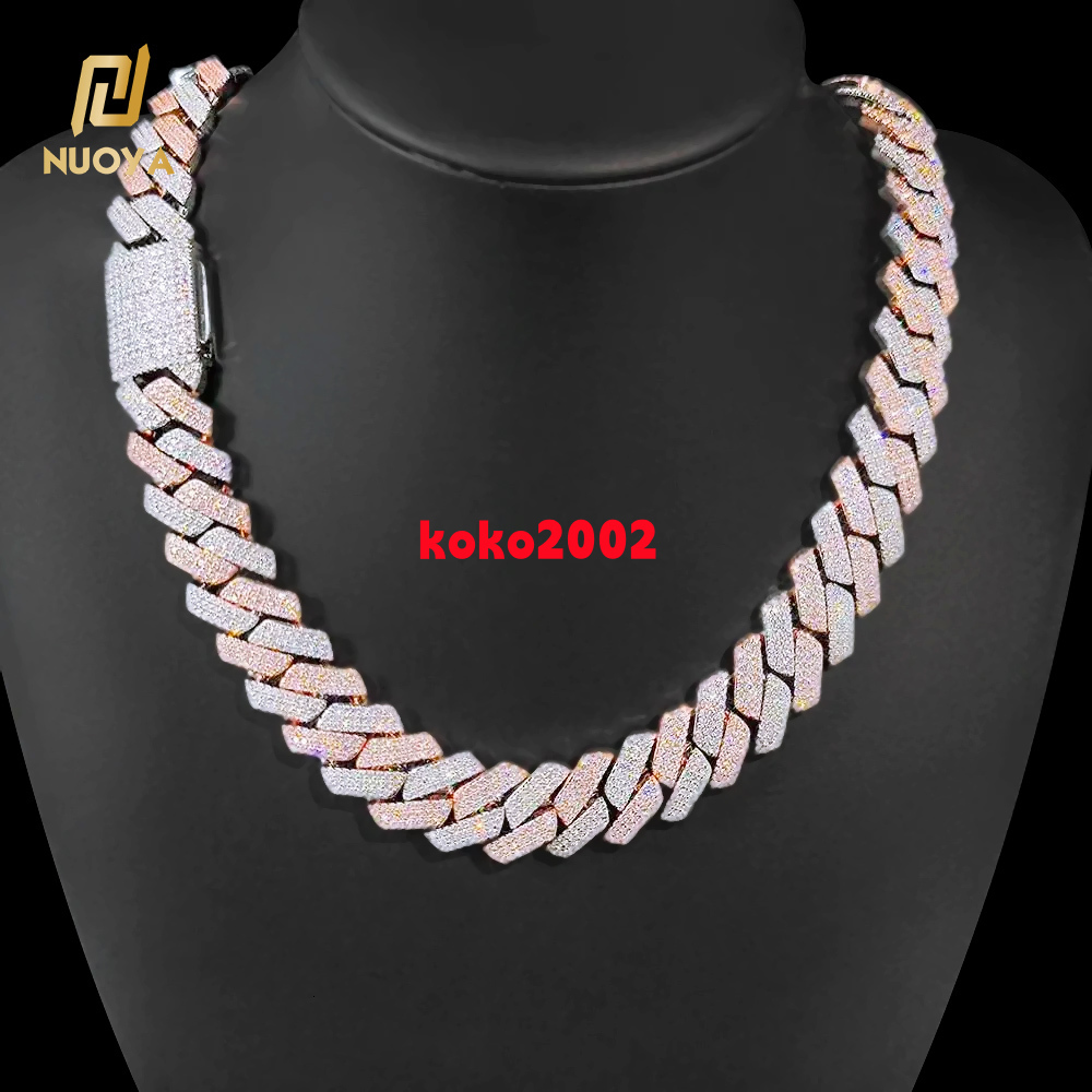 20mm Pink Silver Gold Plated Cuban Link Brass Chain Hip Hop Iced Out Diamond Bracelet Necklace Fine Jewelry for Men and Women