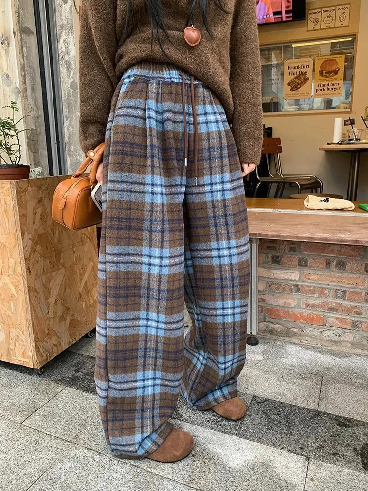 Retro Blue Plaid Drawstring Laceup Wide Leg Pant Autumn Winter High Waist Loose Pleated Straight Trousers Streetwear Casual Y2k 251020