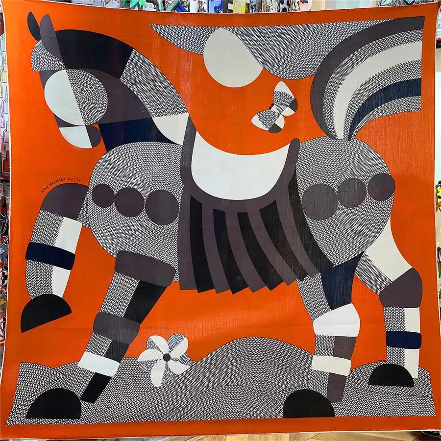 POBING Silk Cashmere Scarf Women Hand Rolled Horse Print Square Scarves Wraps Bandana Big Hijabs Female Foulard 135CM W251021