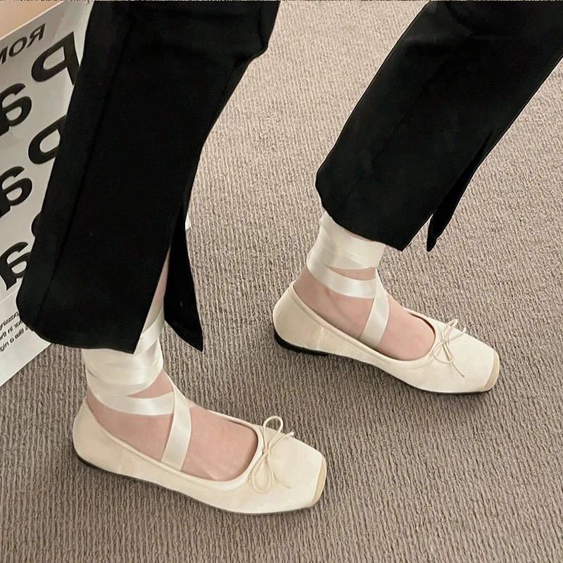 Lace Tie Leg Satin Silk Ballet Flats Woman Square Toe Bowknot Elastic Band Ballerinas Ladies Wedding Floral Shoes 251021