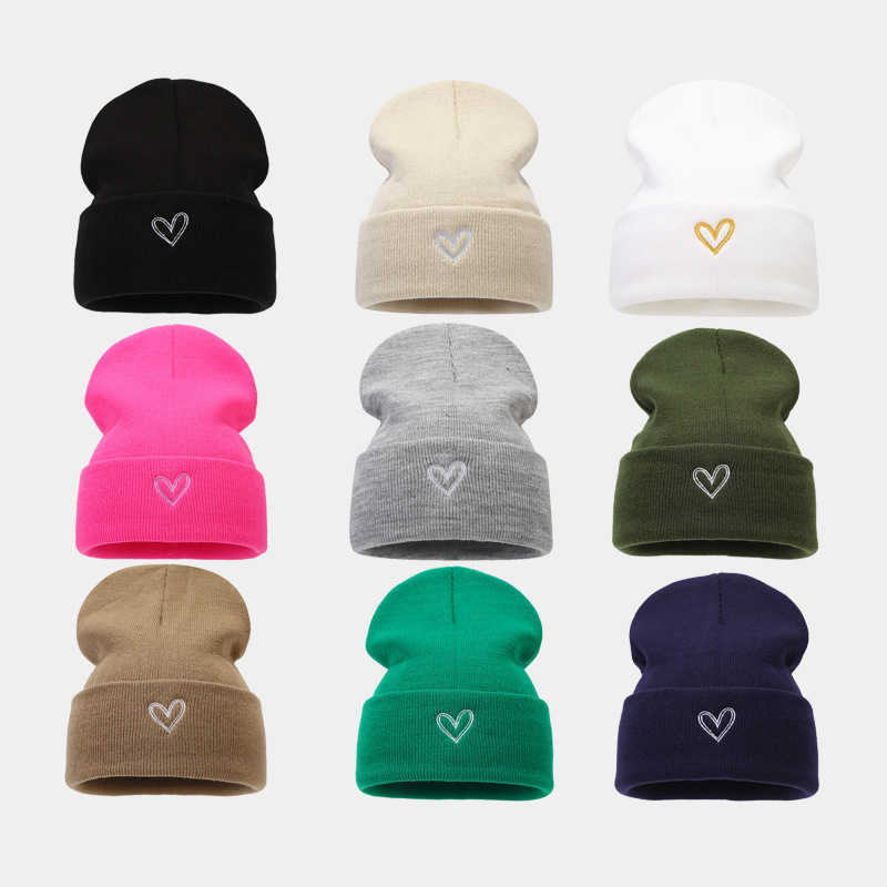 Large Thickened Heart Embroidery Acrylic Knitted Hat Autumn Winter Fashion Versatile Cold Hat Unisex Beanie Trendy H251020