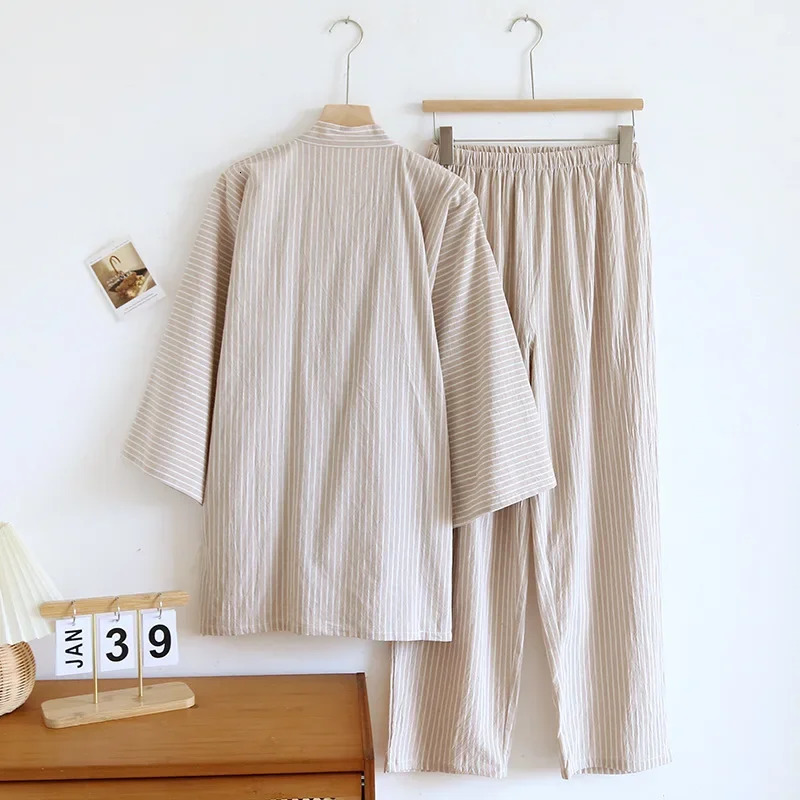 Striped Kimono Robes Set Pajamas for Mens Sleepwear Cotton Loose Oversized Long Pants Thin Sweat Steamed Home Clothes 251021