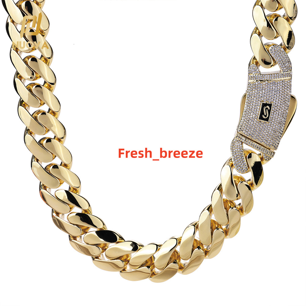 NUOYA 14K18K Gold Plated Thick Solid Cuban Link Chain Hip Hop Jewelry Iced Diamond Clasp Flat Miami Cuban Link for Men Women