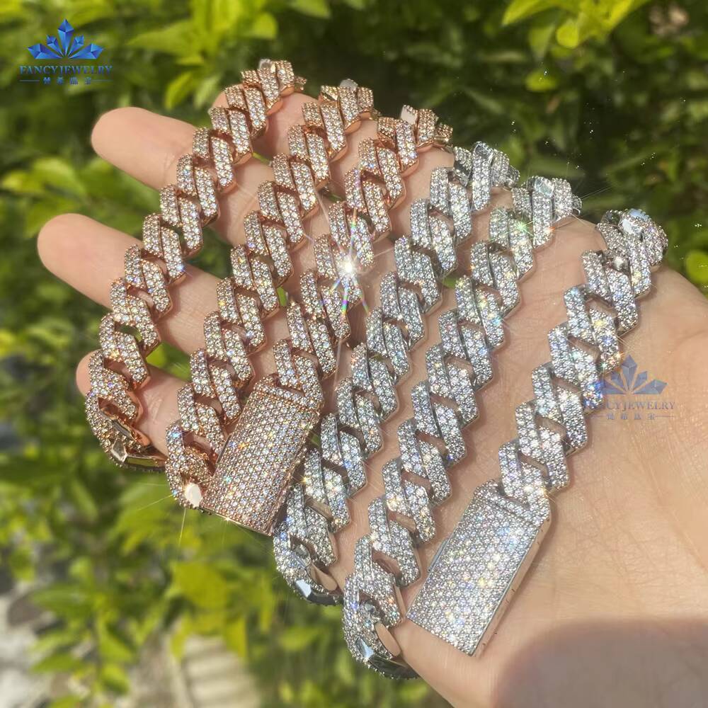 Hot Sale 8mm 10mm 12mm Classic Moissanite Cuban Link Chain 925 Sterling Silver Rose Gold Cuban Moissanite Chain for Men