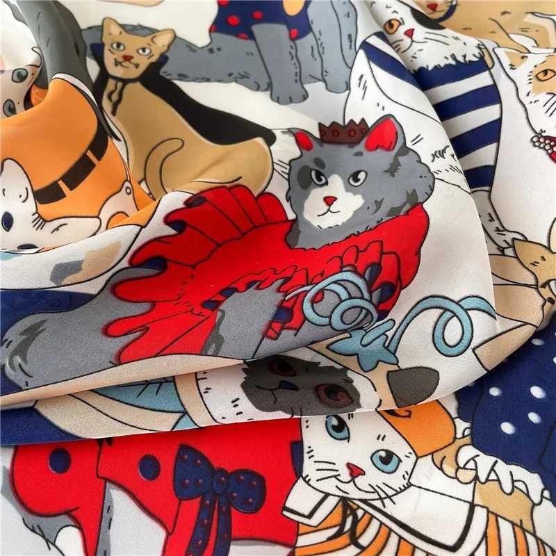 Luxury Brand Cartoon Cat Square Imitation Silk Scarf Spring and Summer Head Wrap For Women Multifunction Neckerchief W251021