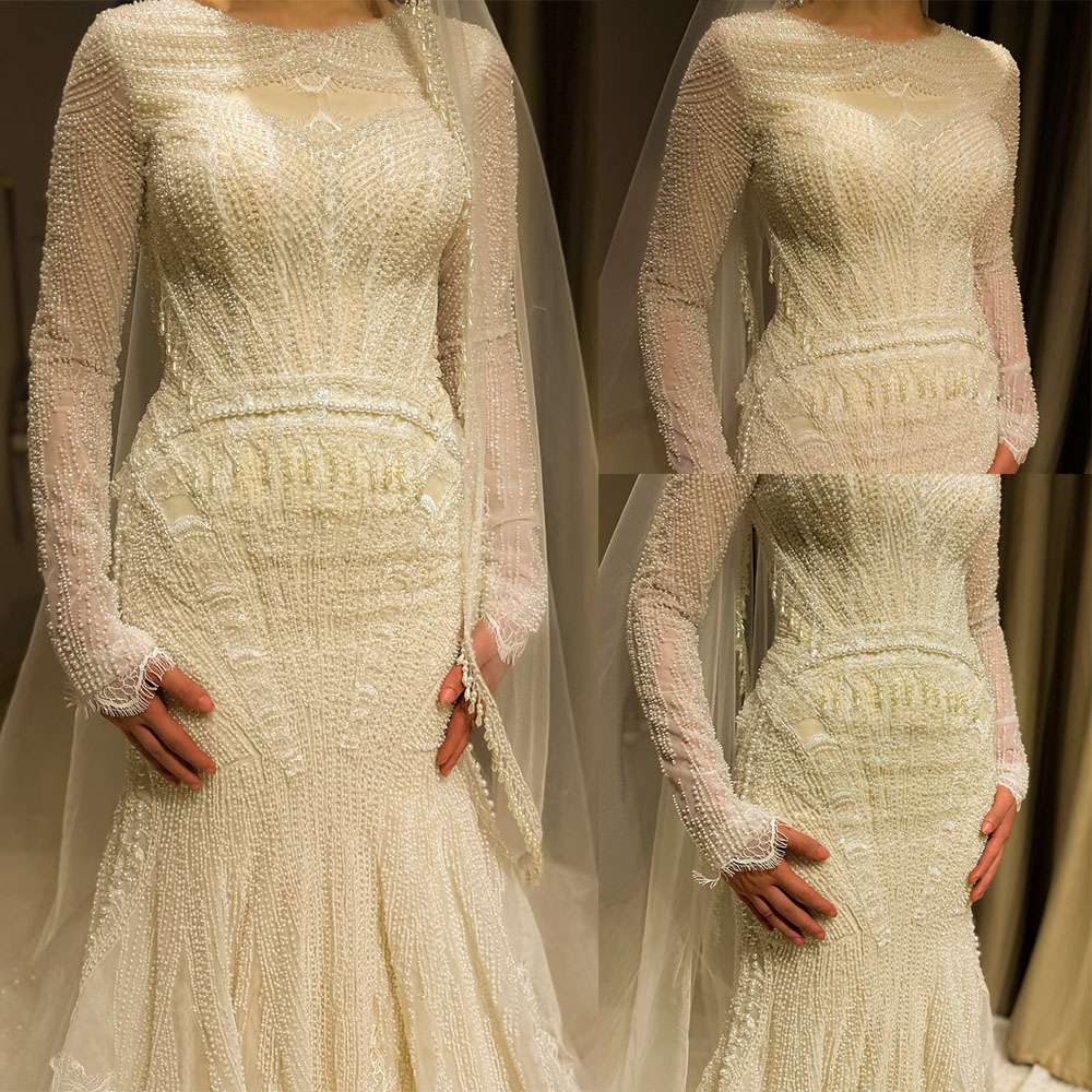 Classic Mermaid Wedding Dress Jewel Neck Long Sleeves Bridal Gowns Pearls Beaded Sequins Sweep Train Dresses Custom Made vestidos de novia
