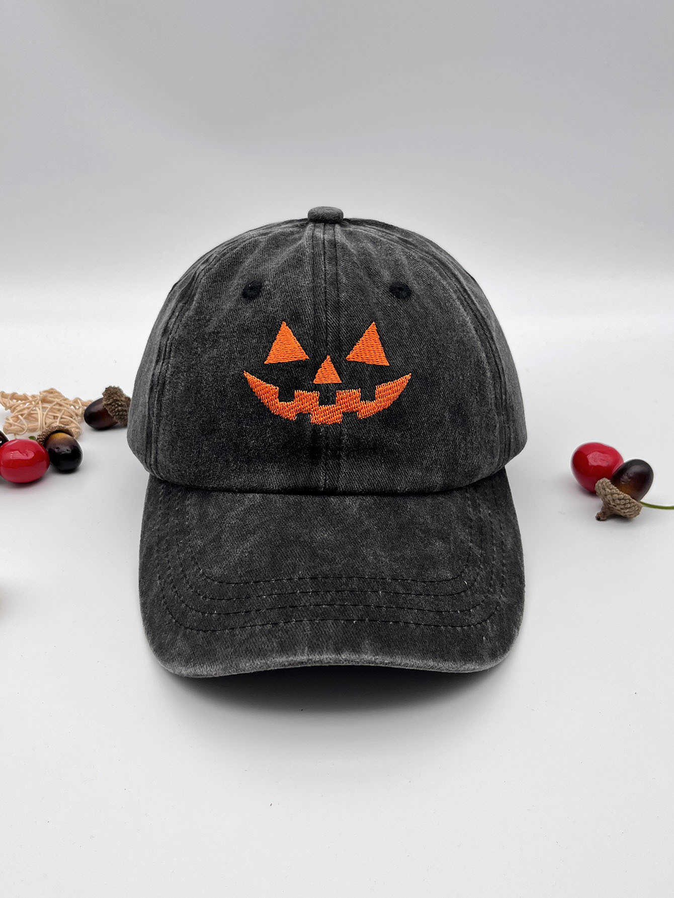 Washed Cotton Unisex Casual Baseball Cap Halloween Embroidered Pumpkin Baseball Cap H251020