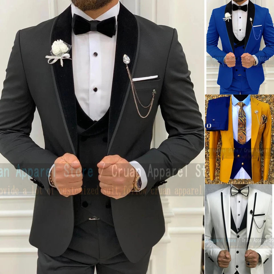 Elegant Black Velvet Blazer Vest Pants 3 Pieces Fashion Black Suit Men Set Slim fit Man Groom Wedding Party Tuxedo 251021