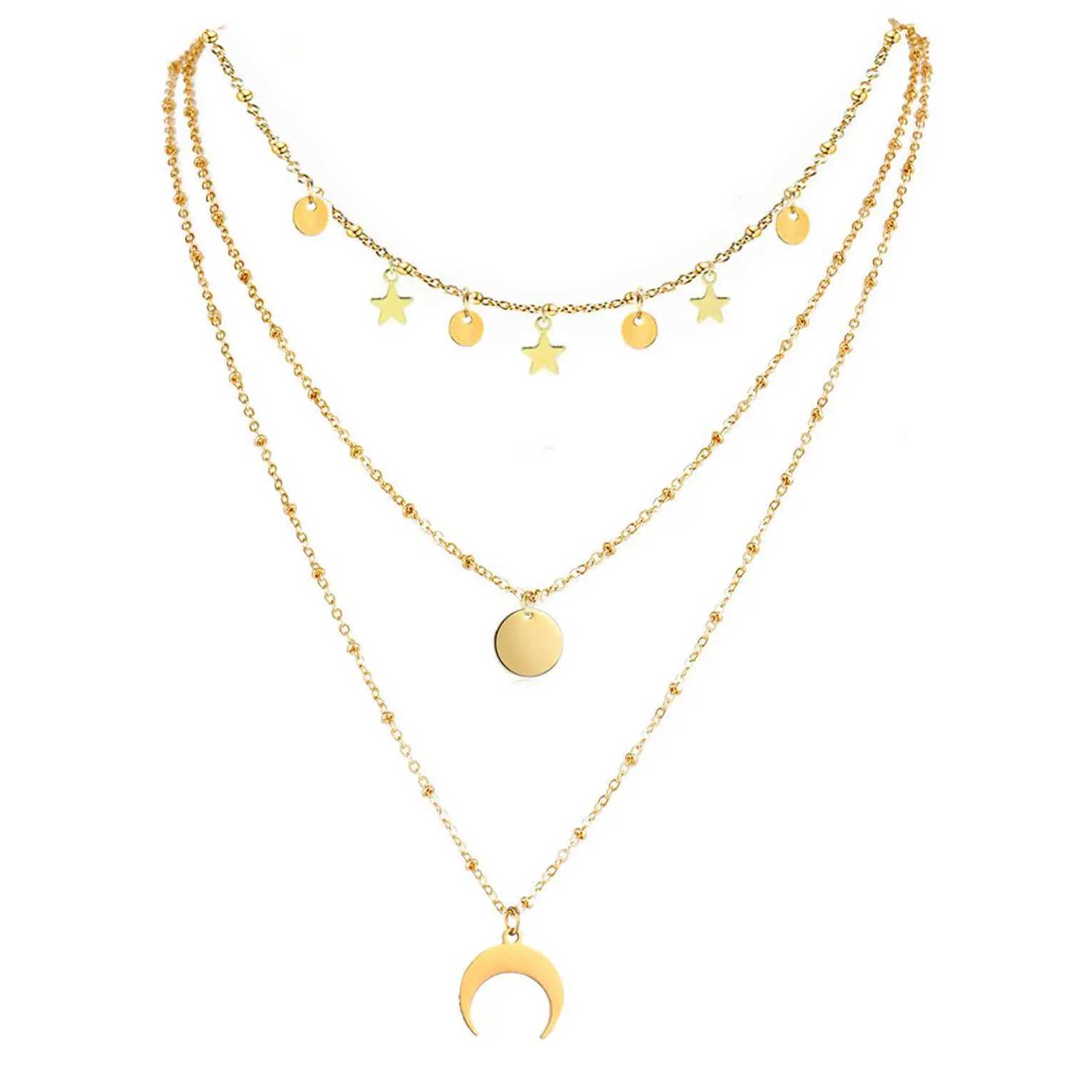 MinaMaMa Stainless Steel Stackable Chains Star Choker For Woman Girls Multilayer Horn Round Disc Moon Tassel Necklaces JewelryXJ251018