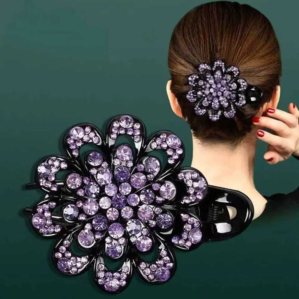 Korean Style Women Girls Hair Accessories Duck Billed Hairpins Headwear Coiled Rhinestone Elegant Hair Clip Three Tooth ClipW254021