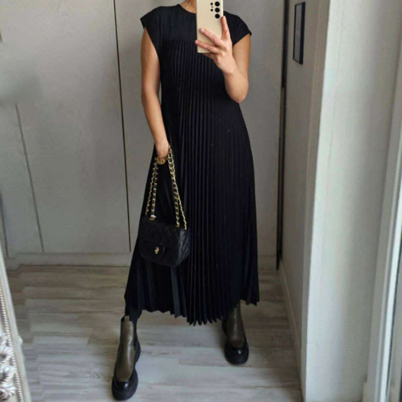 2025 Autumn New Women's Elegant Fashion Round Neck Sleeveless Pleated Long Dress