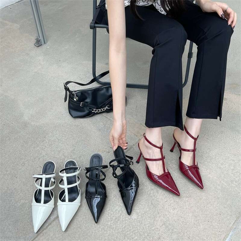 Shiny Leather Versatile One-Strap Pointed High Designer Shoe Heels 2025 Spring New Thin Heel Shallow Mouth Closed Toe Backless Sandals