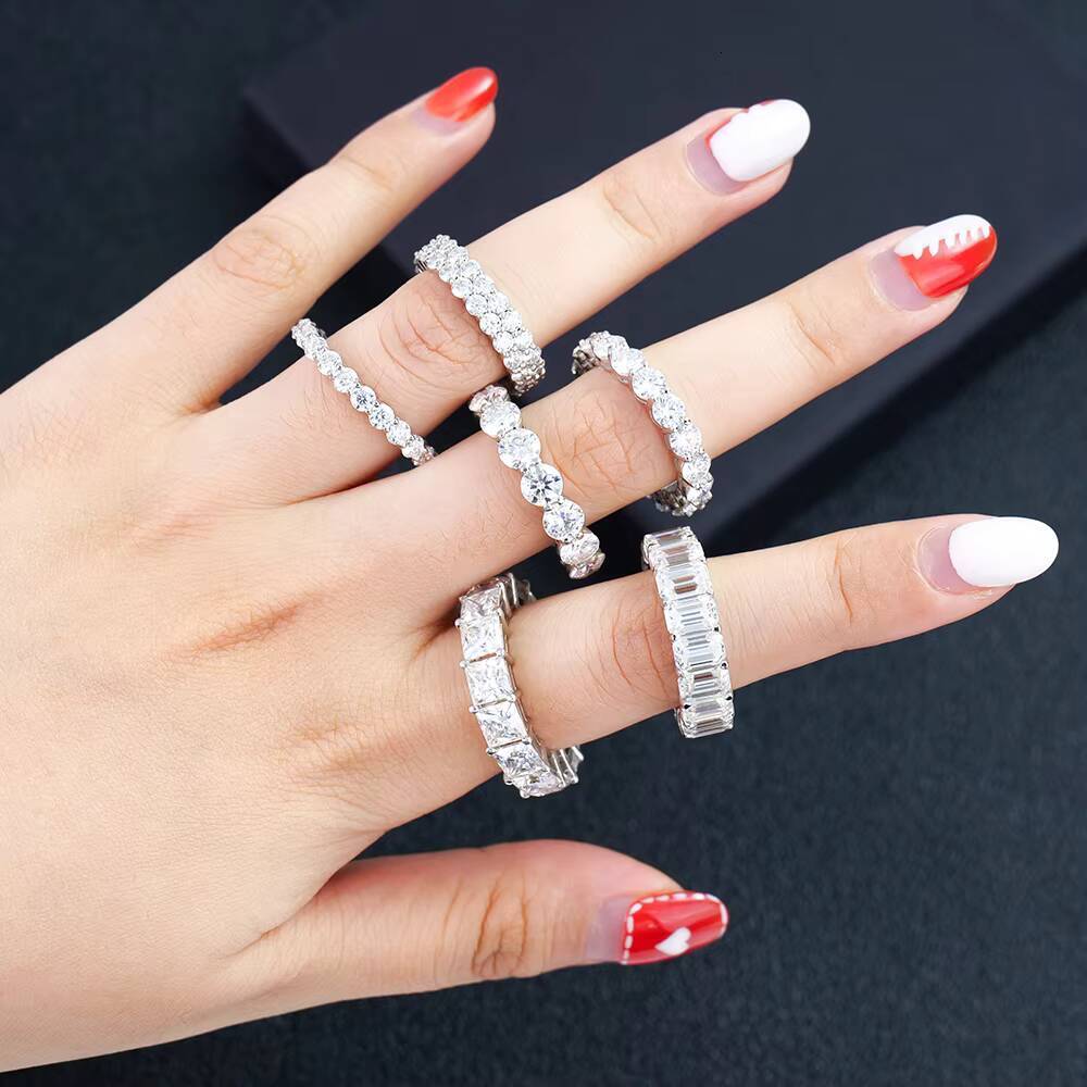 Iced Out S925 Silver Princess Emerald Round Cut Vvs d Color Mossanite Moissanite Diamond Hip Hop Tennis Ring for Men and Women