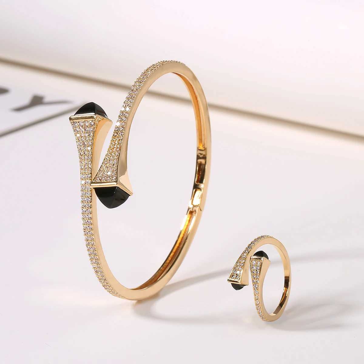 2021 New Romatic Women Fashion 2 Pcs Bracelet Ring Set Candy color stone Simple Design Gold Open Cuff Bangle Ring Jewelry Set J251021