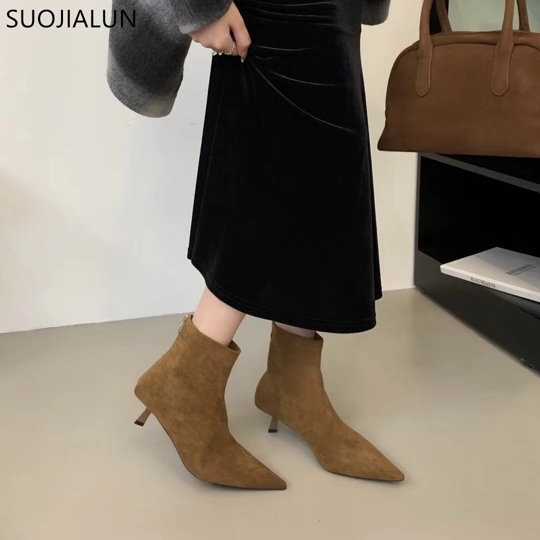 SUOJIALUN Winter Women Short Boots Fashion Pointed Toe Ladies Elegant Ankle Boots Thin High Heel Dress Pumps Shoe 251021
