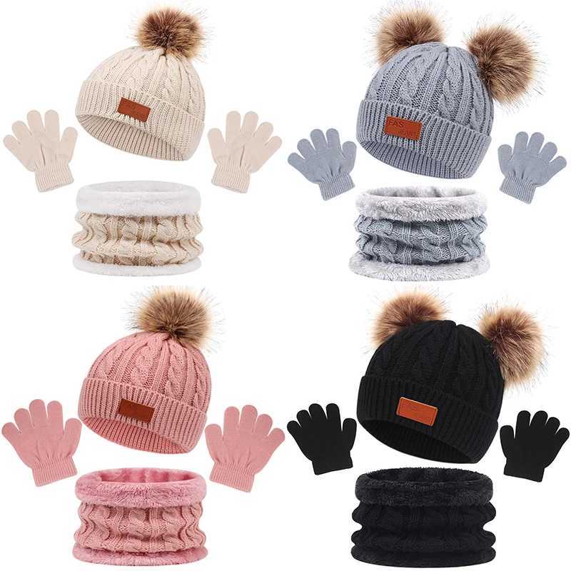 3Pcs Winter Baby Hat Scarf Gloves Set Solid Color Toddler Bonnet Cute Pompom Knitted Hats Outdoor Warm Infant Accessories 15Y J251021
