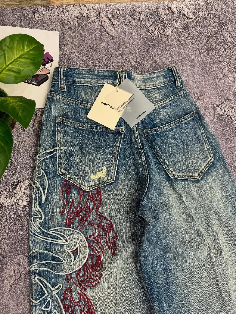 Y2K American Pattern Embroidery Baggy Jeans Men High Street Vintage Hip Hop Fashion Casual Joker Couple Wideleg Pants 251017
