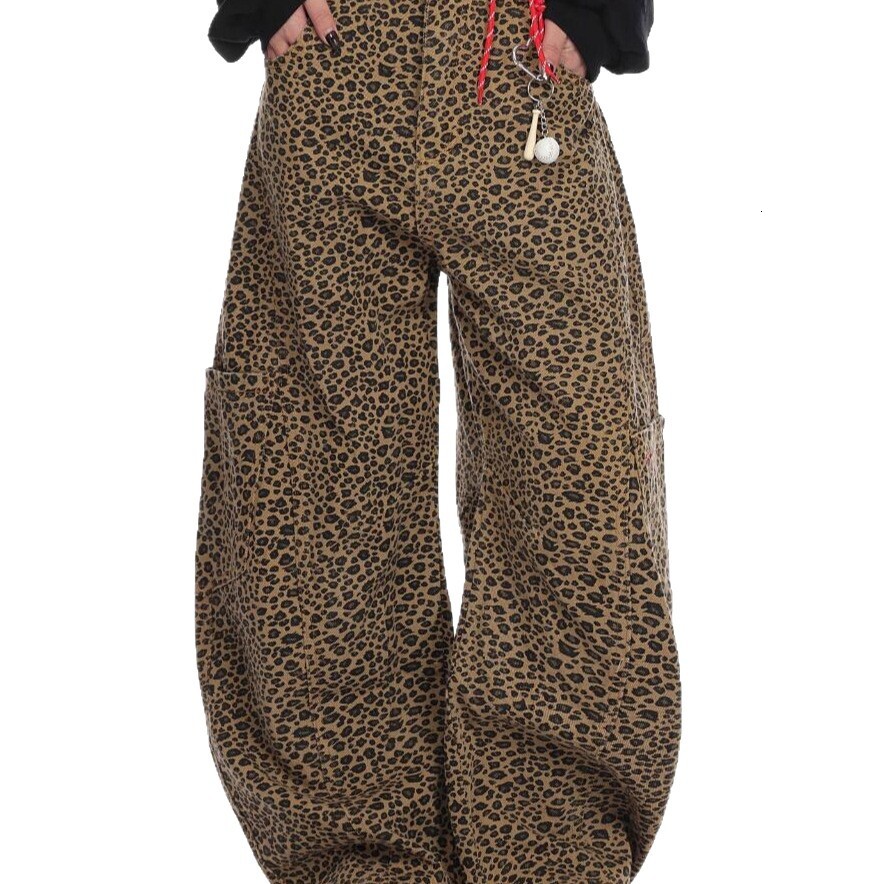2025 vintage leopard print designer printed large pocket curved knife jeans wide leg pants loose fit autumn and winter new fashion casual women's