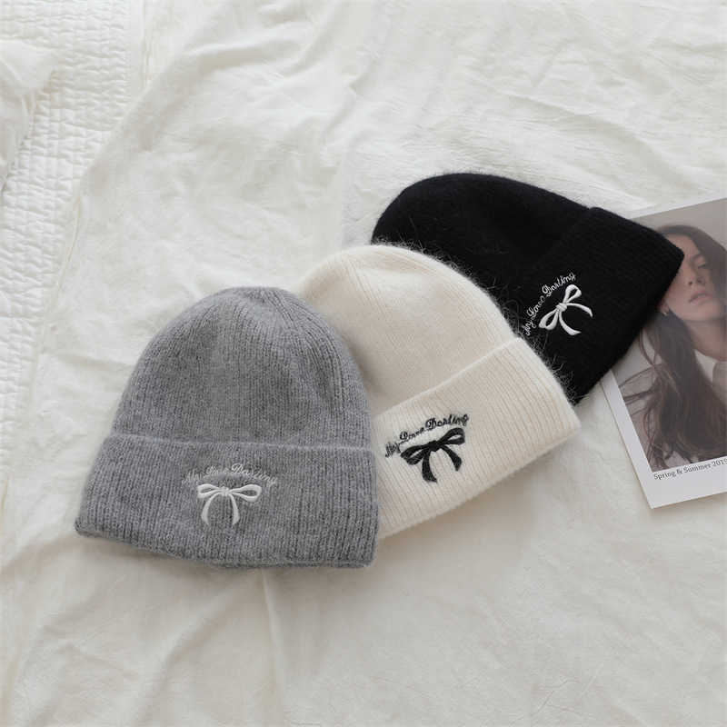 Style Bowknot Knitted Embroidered Hat Unisex Warm Rabbit Fur Yarn Hat for Women H251020