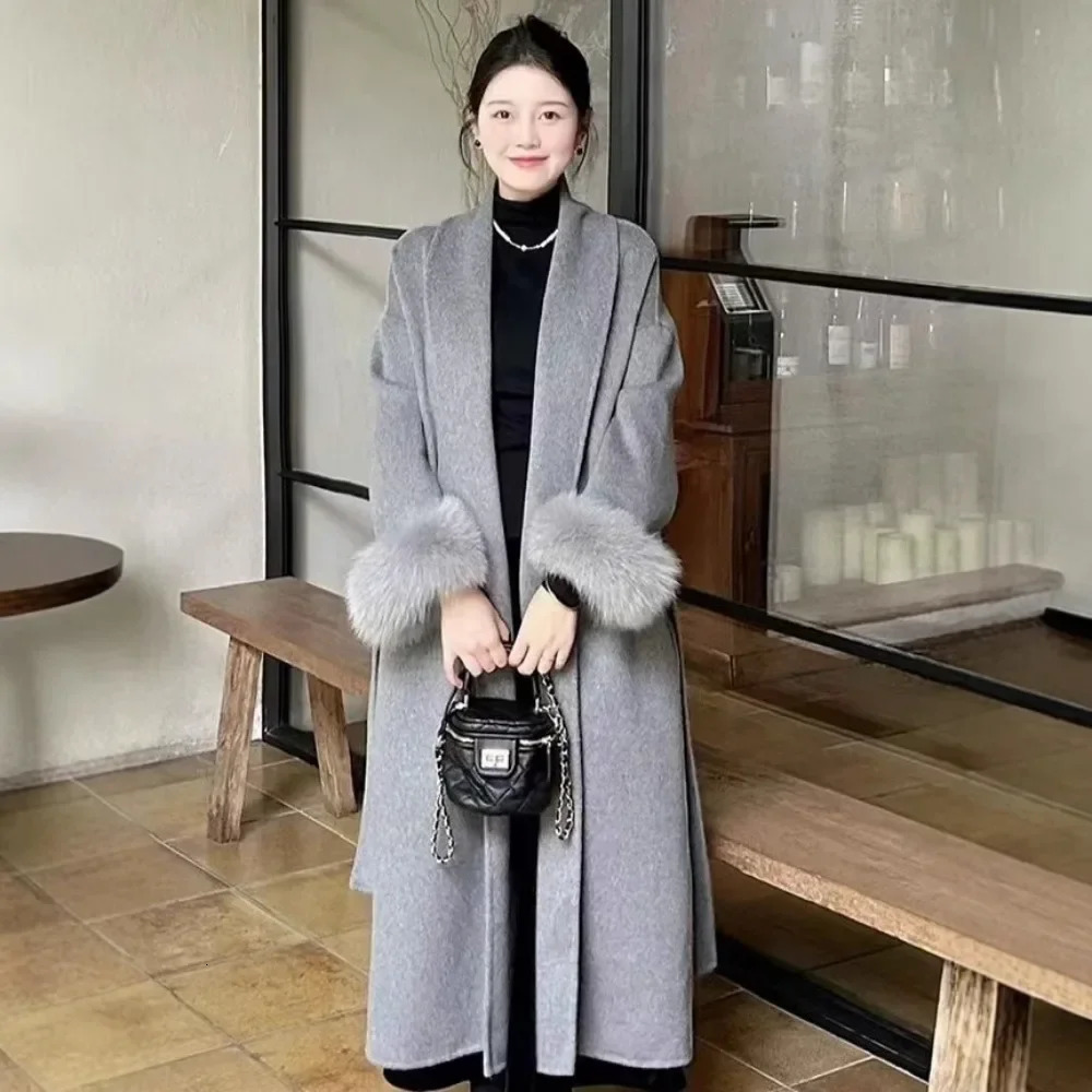 GALCAUR Solid Loose Luxurious Spliced Fur Wool Coats for Women Lapel Long Sleeves Patchwork Lace Up Fashion Coat Female Clothing 251017