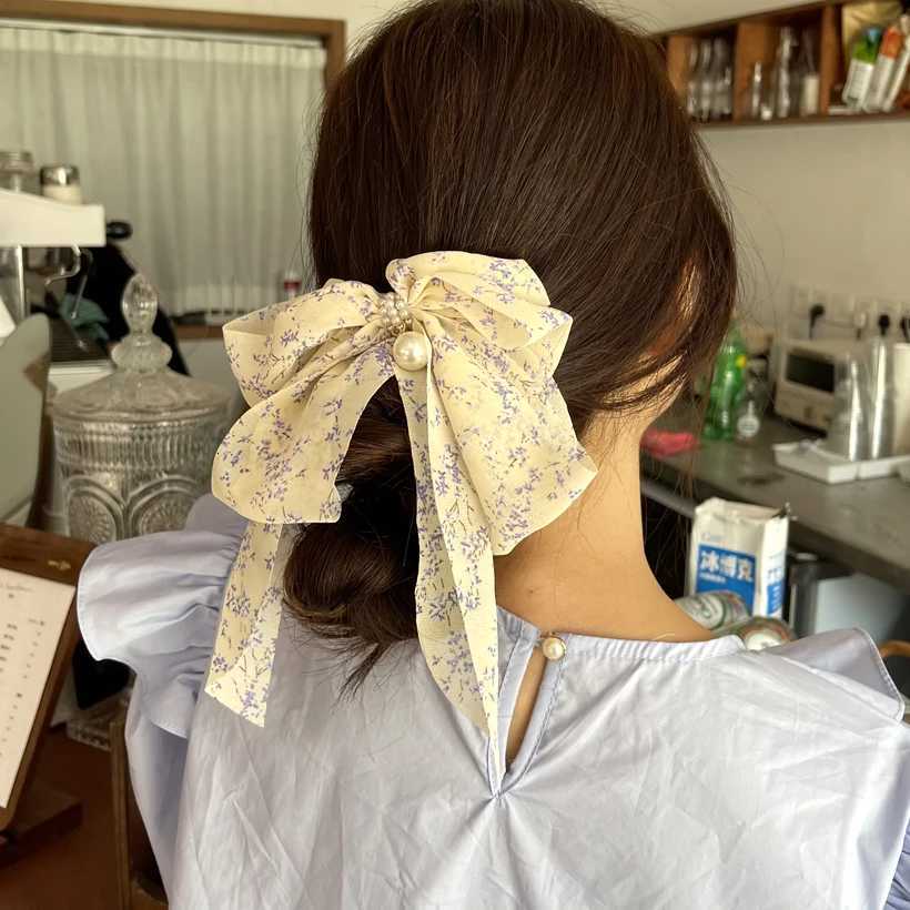 Ladies Bow Hair Accessories Fashion Hairgrip Chiffon Ribbon Hairpins Spring Ponytail Barrettes Pearls Women Girls Hair Clips TieW254021