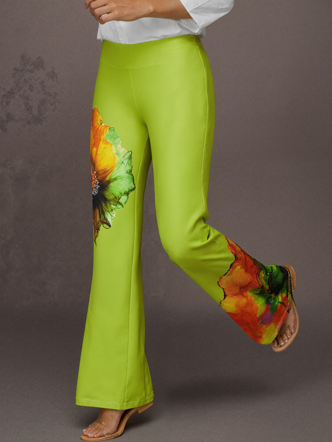 Women's Fashion Green Floral Printed Commute Casual Wide-Leg Pants, Milk Silk Versatile Trousers-CF52565