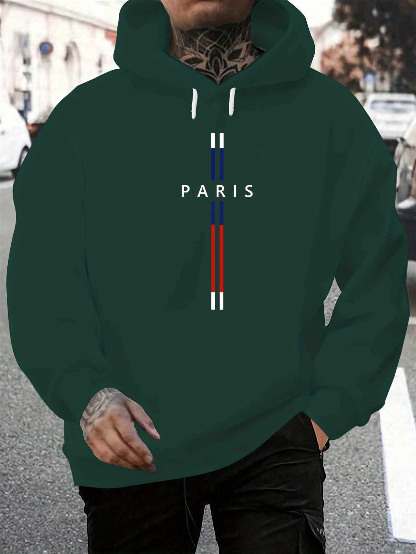 Mens autumn and winter casual fashionable loose hooded sweatshirt Paris letter printed long sleeved warm pullover W251021