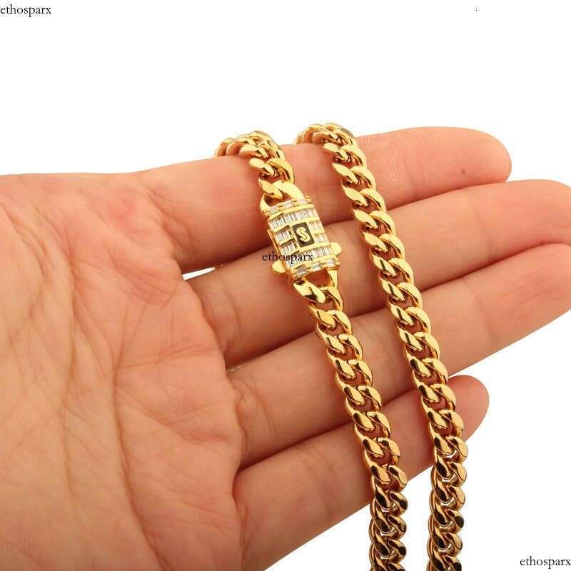 6mm-14mm Hip Hop Stainless Steel Miami Cuban Link Chain Real Gold Plated T Zircon Clasp Mens Necklace Jewelry