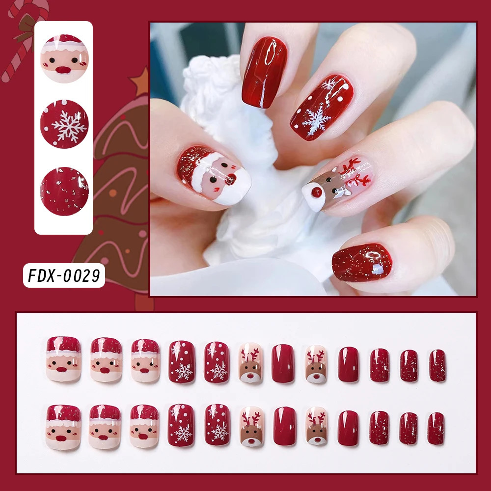 24Pcs Red Christmas Fake Nails Cute Santa Claus Reindeer Snowflake s Artificial Nails Glossy Short Oval Press On Nails 251014
