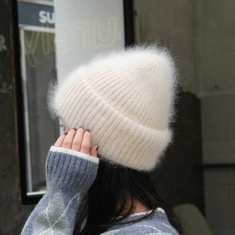 Min Light Luxury Rhinestone Rabbit Fur Double Folded Edge Knitted Hat Winter Cold Warm Wool Ear Protection Hat for Women H251020