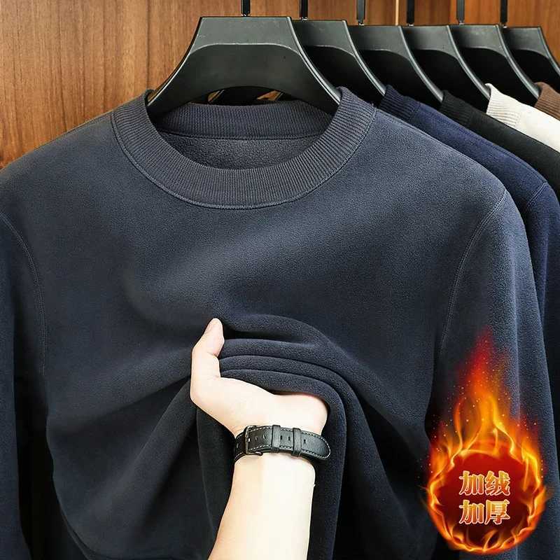 Mens Velvet Hoodie Long Sleeve round Neck Solid Color Autumn Winter Fashion Casual Versatile Top W251021