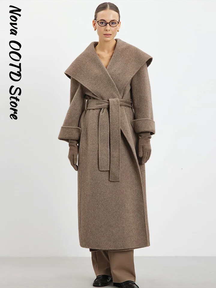 Elegant Shawl Collar Lace Up Long Woolen Coat Women Full Sleeve Belt Lapel Thick Overcoat Autumn Winter Lady Chic Outwear 251013