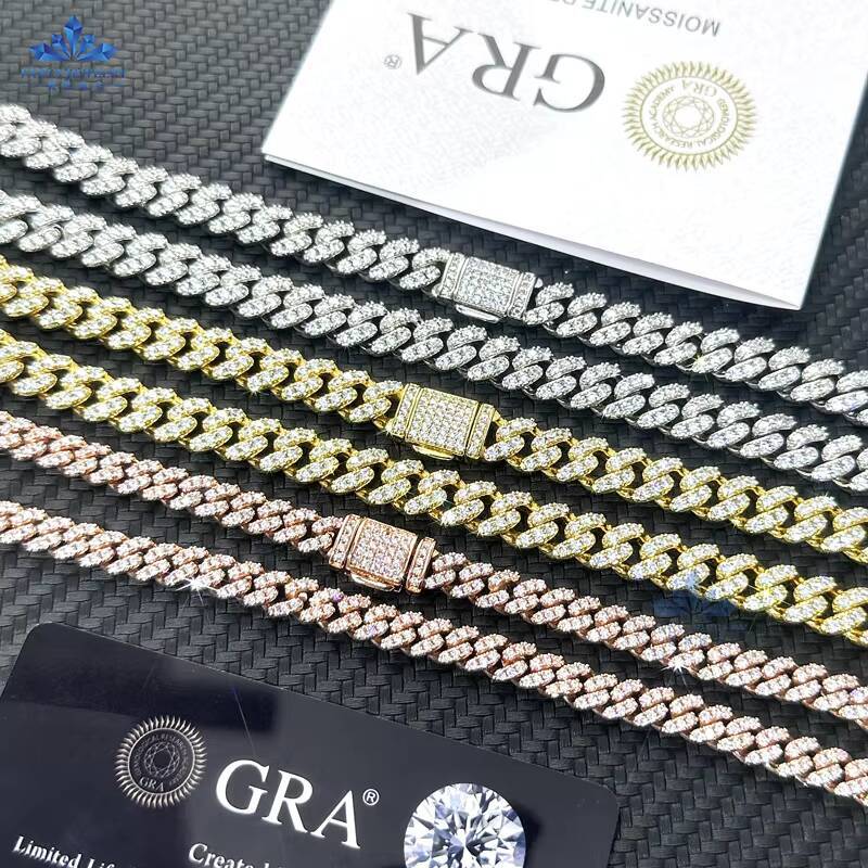 Wholesale 8MM 10mm 12mm 14mm Hip Hop Vvs Diamond Necklace Bracelet Dropshipping Silver Iced Out Cuban Link Moissanite Chain
