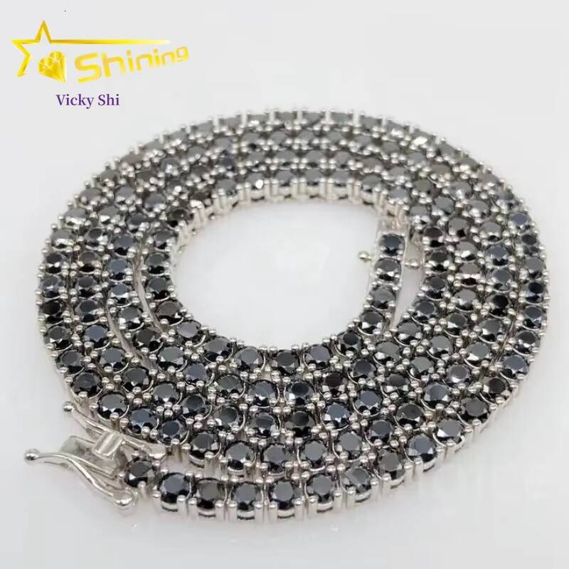 925 Sterling Silver GRA Certificated 3mm 4mm Black Moissanite Tennis Chain Pass Diamond Tester Hip Hop Tennis Necklace