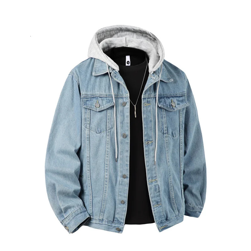 Autumn Green Mens Hooded Denim Jacket Detachable Hood Available in Gray Black and Blue 251010