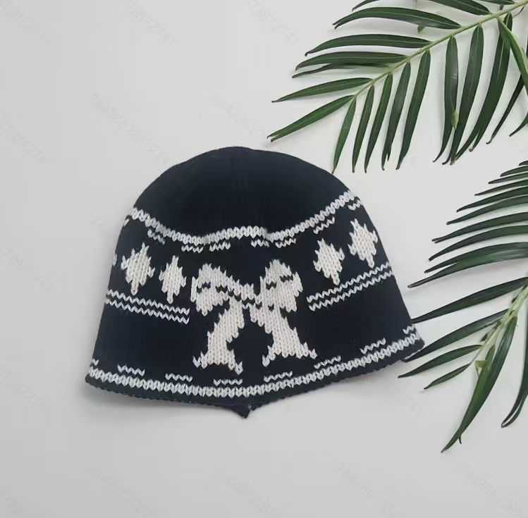 Knitted Hat for Women with Bowknot Jacquard Wool Hat Fleecelined Thickened Warm Cold Hat Head Wrap Hat H251020