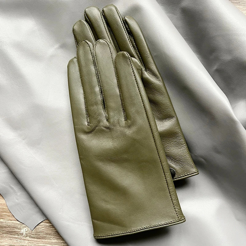 Mens Genuine leather gloves Elegant Army green Warm Gentleman sheepskin gloves in winter Wrist snap fastening 251020