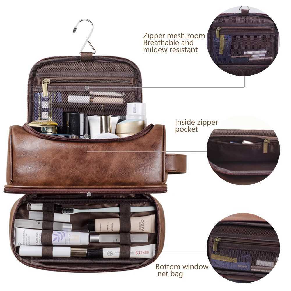 Large Hanging Toiletry Cosmetic Travel Bags for Men Women Leather Travel Bags with Hanging Hook Toiletries Bathroom Shaving BagsW251021