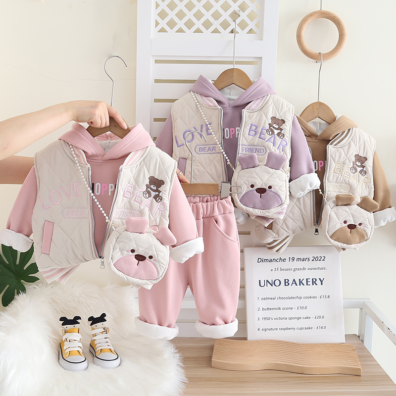 Chic Girls 3-Piece Outfit 2025, Winter Set Includes Quilted Coat Vest and Crossbody Bag, Stylish Clothing for Toddlers