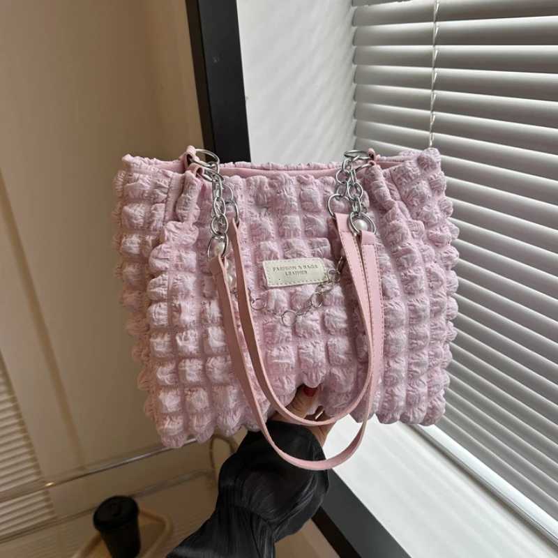 Fashion Plaid Womens Beaded Chain Shoulder Bags Soft Fabric Commuter Female Handbags Purse 2025 Large Capacity Ladies Tote BagXJ251021