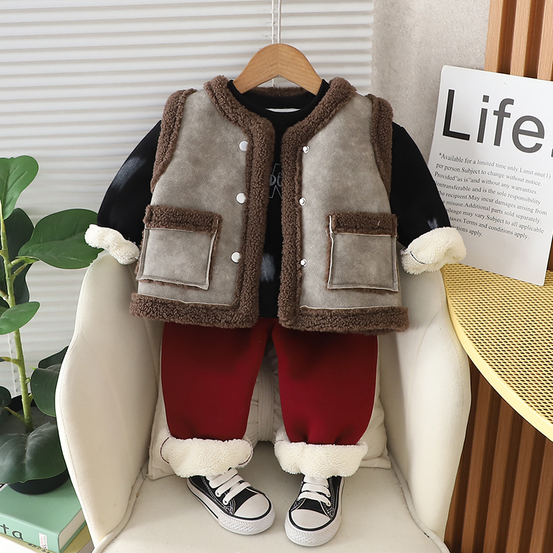 Winter Warm 2025 Boys Fleece-Lined 3-Piece Set, Hoodie Vest Pants Winter Outfit for Toddler Boys