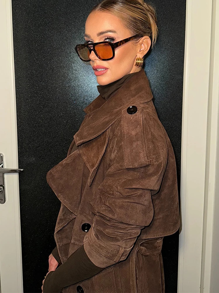 Autumn Retro Suede Dark Brown Lace Up Overcoat Women Casual Simple Elegant Long Coats 2025 Fashion Female Streetwear 251013