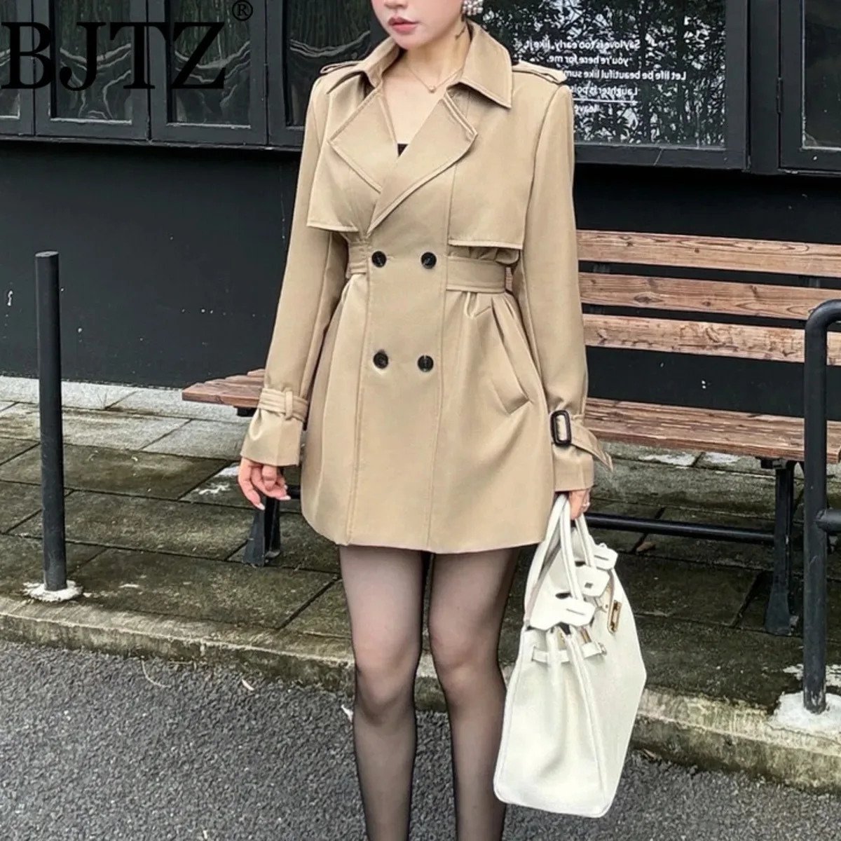 BJTZ Fall Winter Womens Short Trench Coat Belted Waist Office Commute Chic Elegant Casual Outerwear Jacket 251017