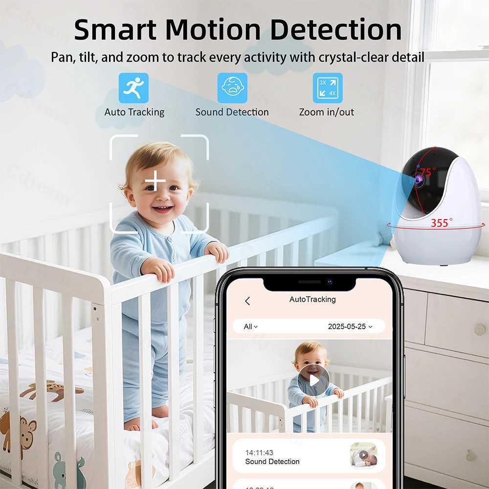 1080P HD WiFi Baby Monitor Phone APP Remote View 43 Nanny Night Light VOX HD Night Vision Lullabies Temperature Monitor Camera J251121