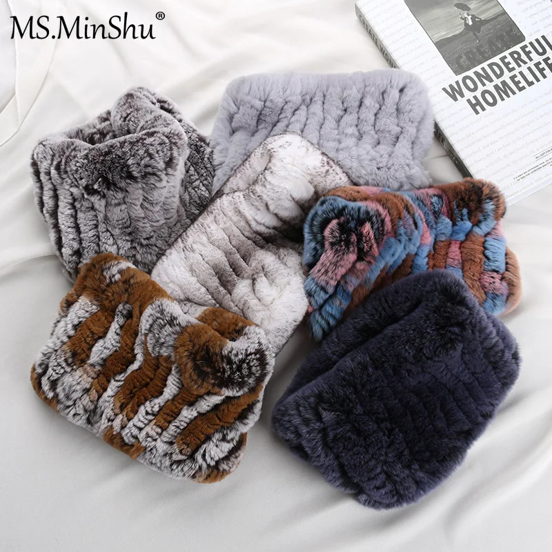MSMinShuRex Rabbit Fur Headband for Women DualUse Elastic Neck Warmer Winter Headbands 251021
