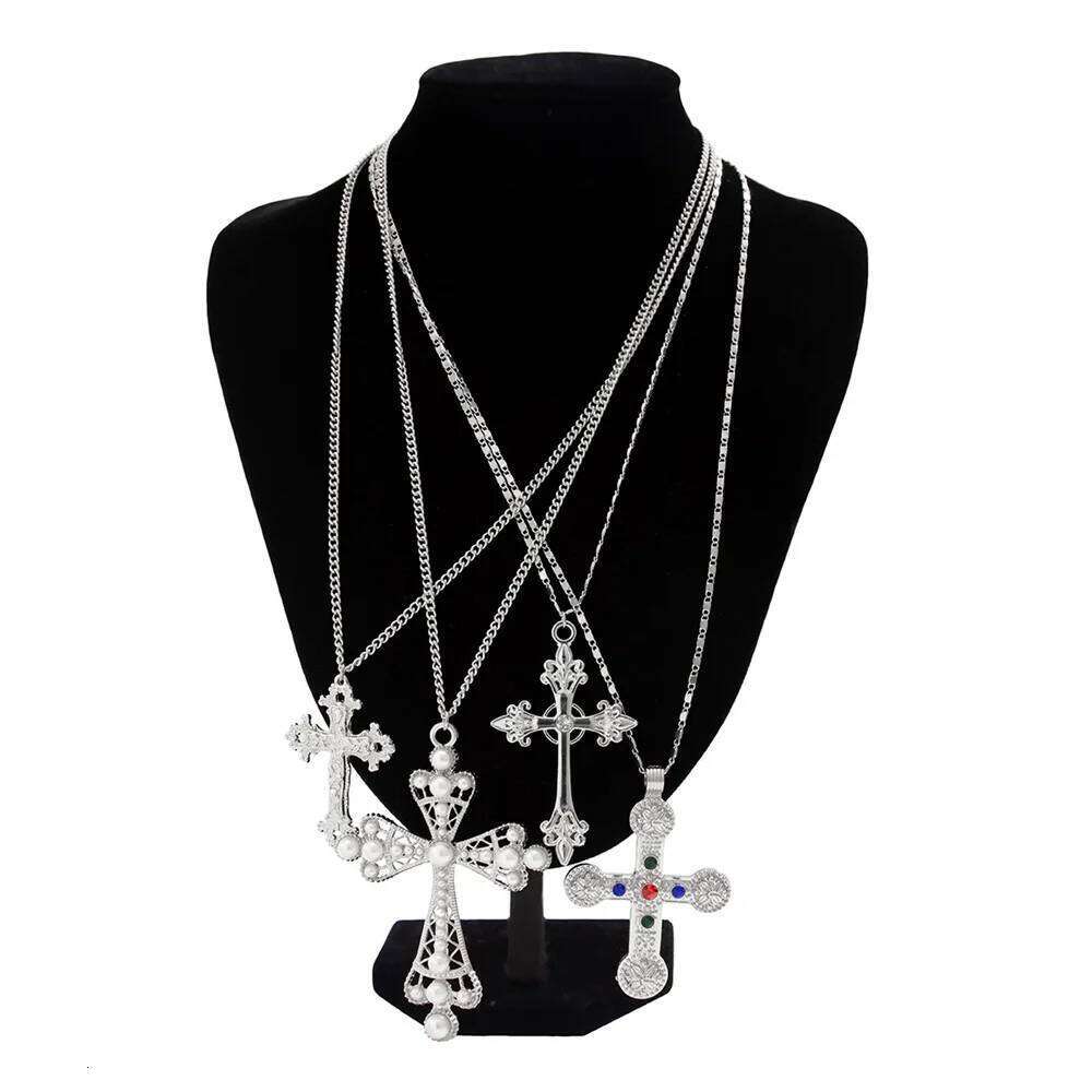 4Pcs/Set Zircon Cross Pendant Necklace Set For Women Vintage Adjustable Gold Color Long Chain Statement Y2k Jewelry