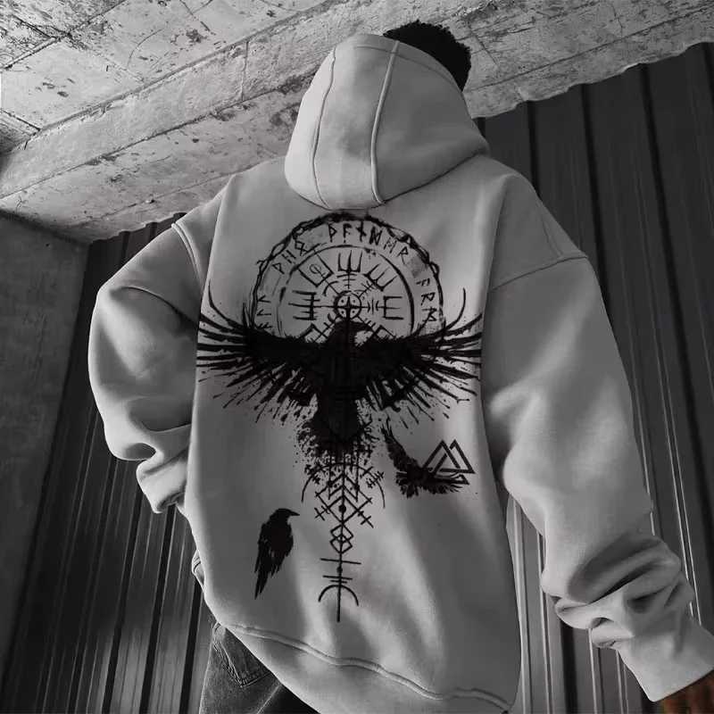 Totem Viking print hoodie for men y2k loose hoodie with eagle pattern sporty casual and fashionable W251021