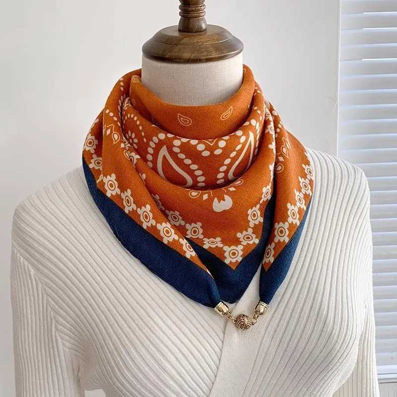 Magnetic Buckle Printed Womens Scarf Luxurious Cotton Linen Autumn Soft Satin Square Scarf Elegant Matching Clothing Gifts W251021